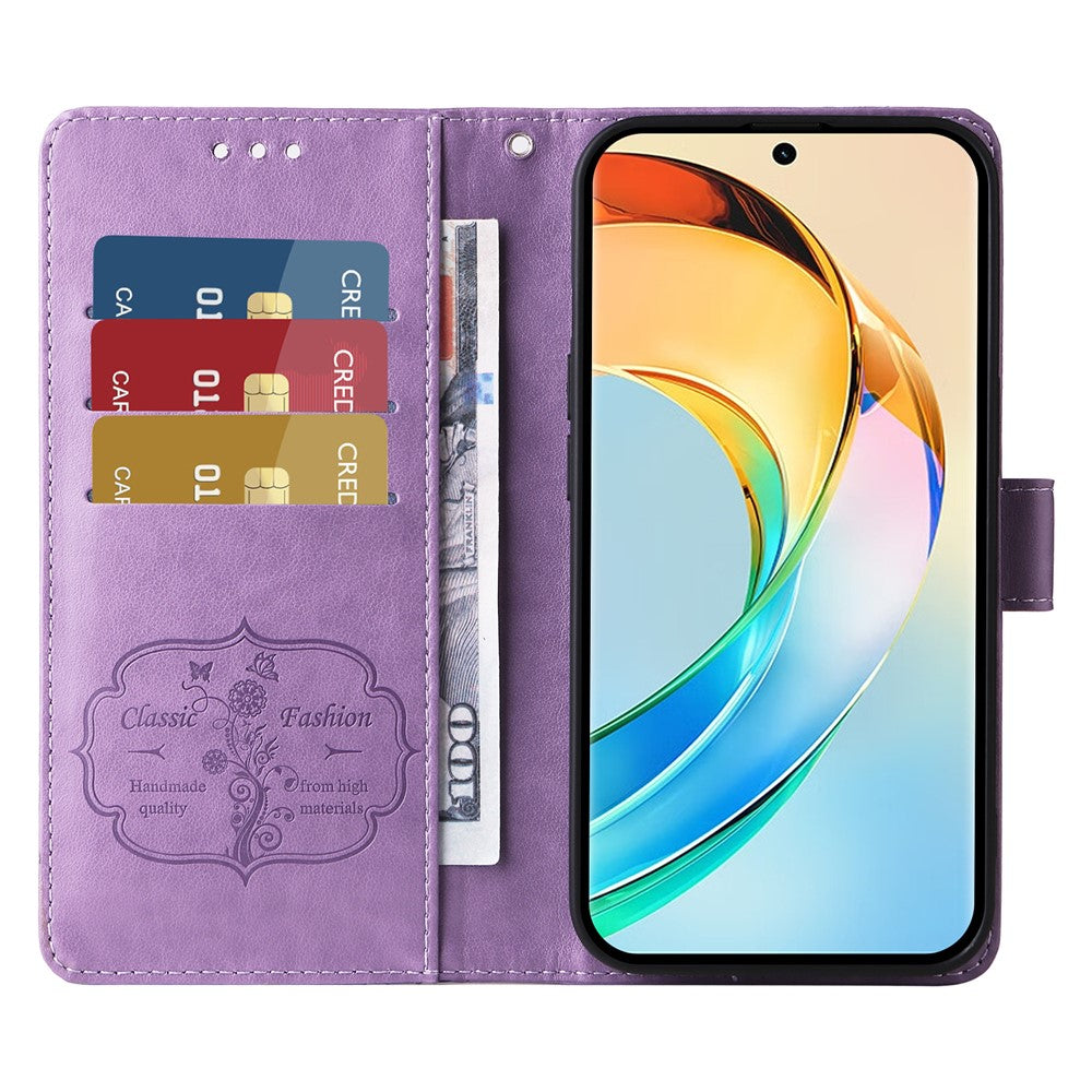 For Honor X60 5G Leather Case Butterfly Floral Imprint Wallet Stand Cover