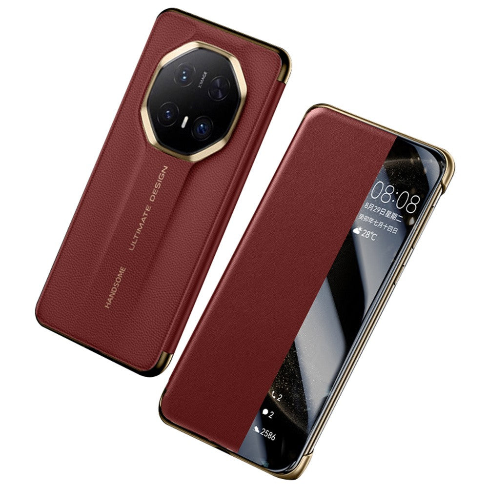 For Huawei Mate 70 RS Ultimate Case Genuine Cow Leather View Window Smart Phone Cover