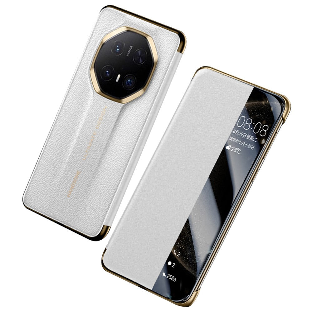 For Huawei Mate 70 RS Ultimate Case Genuine Cow Leather View Window Smart Phone Cover