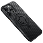Til iPhone 14 Pro etui, kompatibelt med MagSafe, støtteben, kulfibertekstur PC + TPU bagcover med silikonering