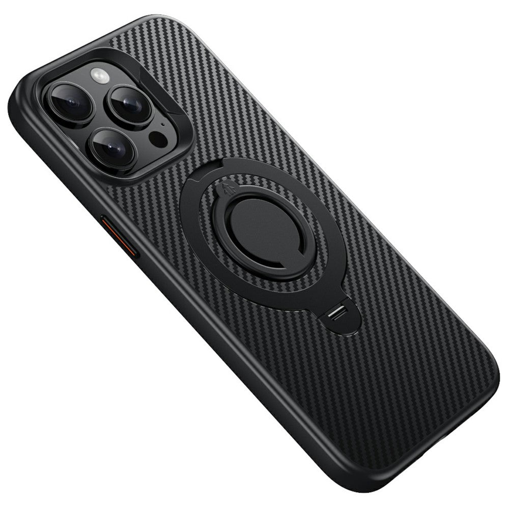 Til iPhone 14 Pro etui, kompatibelt med MagSafe, støtteben, kulfibertekstur PC + TPU bagcover med silikonering