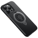 Til iPhone 14 Pro etui, kompatibelt med MagSafe, støtteben, kulfibertekstur PC + TPU bagcover med silikonering