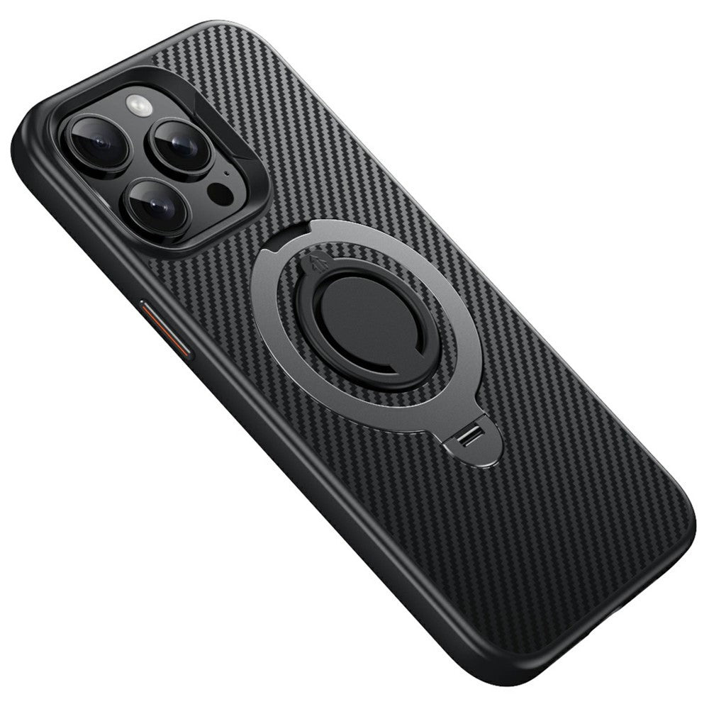 Til iPhone 14 Pro etui, kompatibelt med MagSafe, støtteben, kulfibertekstur PC + TPU bagcover med silikonering