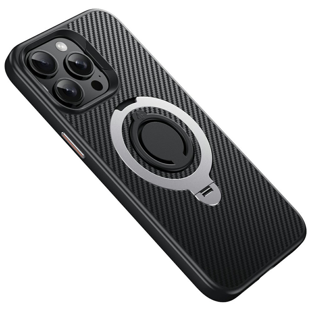Til iPhone 14 Pro etui, kompatibelt med MagSafe, støtteben, kulfibertekstur PC + TPU bagcover med silikonering