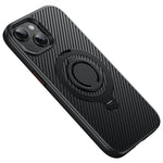For iPhone 15 Case Compatible with MagSafe Kickstand Carbon Fiber Texture PC + TPU Back Cover with Silicone Ring