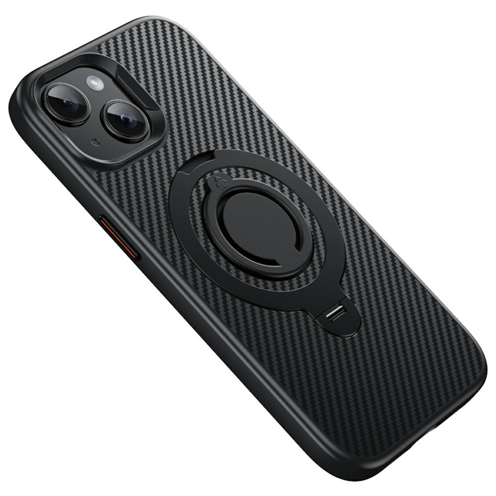 For iPhone 15 Case Compatible with MagSafe Kickstand Carbon Fiber Texture PC + TPU Back Cover with Silicone Ring
