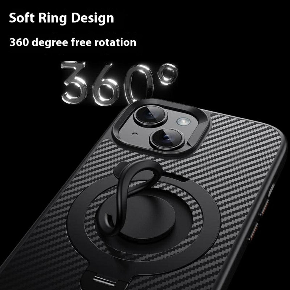 For iPhone 15 Case Compatible with MagSafe Kickstand Carbon Fiber Texture PC + TPU Back Cover with Silicone Ring