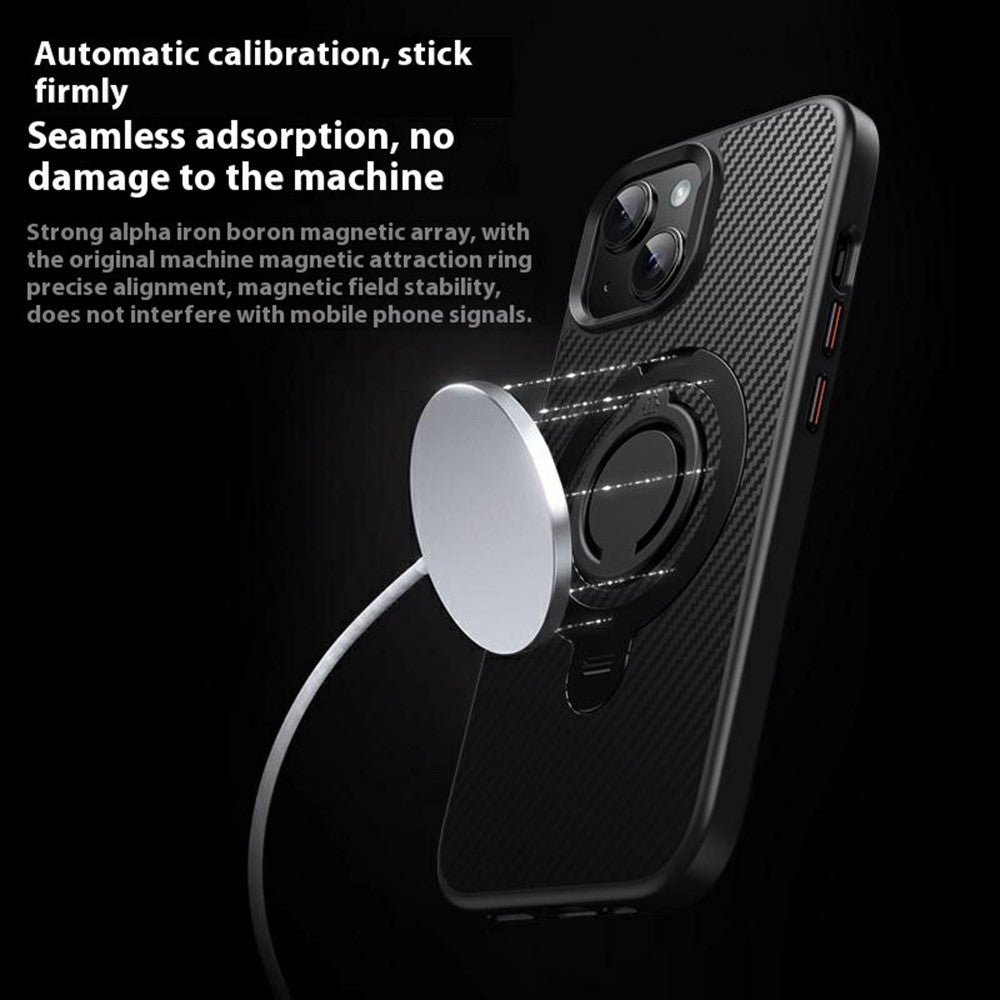 For iPhone 15 Case Compatible with MagSafe Kickstand Carbon Fiber Texture PC + TPU Back Cover with Silicone Ring