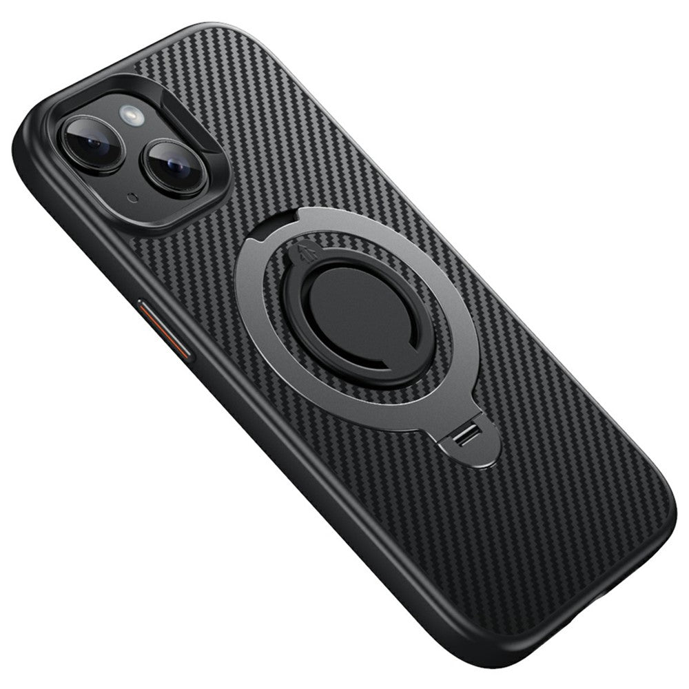 For iPhone 15 Case Compatible with MagSafe Kickstand Carbon Fiber Texture PC + TPU Back Cover with Silicone Ring