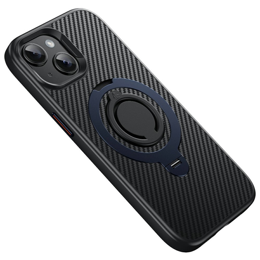For iPhone 15 Case Compatible with MagSafe Kickstand Carbon Fiber Texture PC + TPU Back Cover with Silicone Ring