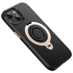 For iPhone 15 Case Compatible with MagSafe Kickstand Carbon Fiber Texture PC + TPU Back Cover with Silicone Ring