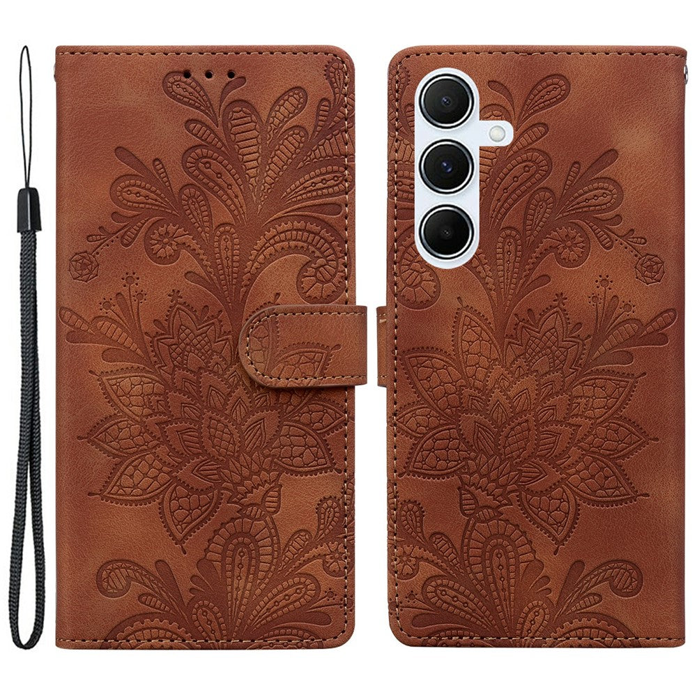 Til Samsung Galaxy A16 5G / 4G Etui, prægede blondeblomster, PU læder pung telefoncover