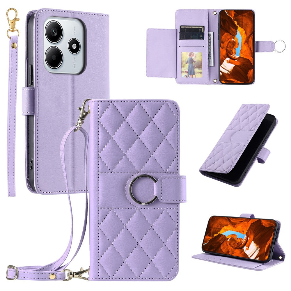 For Xiaomi Redmi Note 14 5G Crossbody Leather Case Ring Buckle Wallet Stand Rhombus Mobile Cover