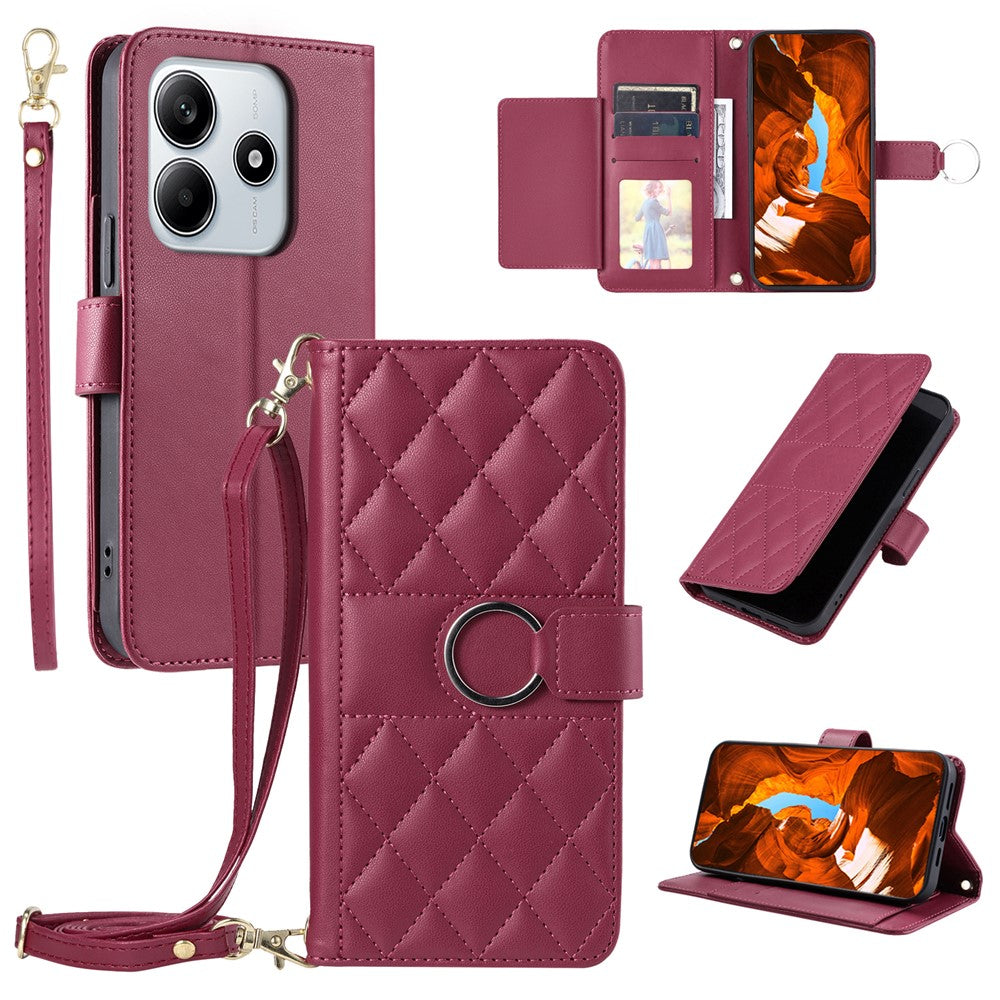 For Xiaomi Redmi Note 14 5G Crossbody Leather Case Ring Buckle Wallet Stand Rhombus Mobile Cover