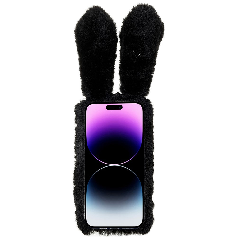 For iPhone 14 Pro Cute 3D Bunny Ears Furry Winter Warm Case Anti-fall TPU Protective Phone Cover with Glitter Rhinestone Bowknot