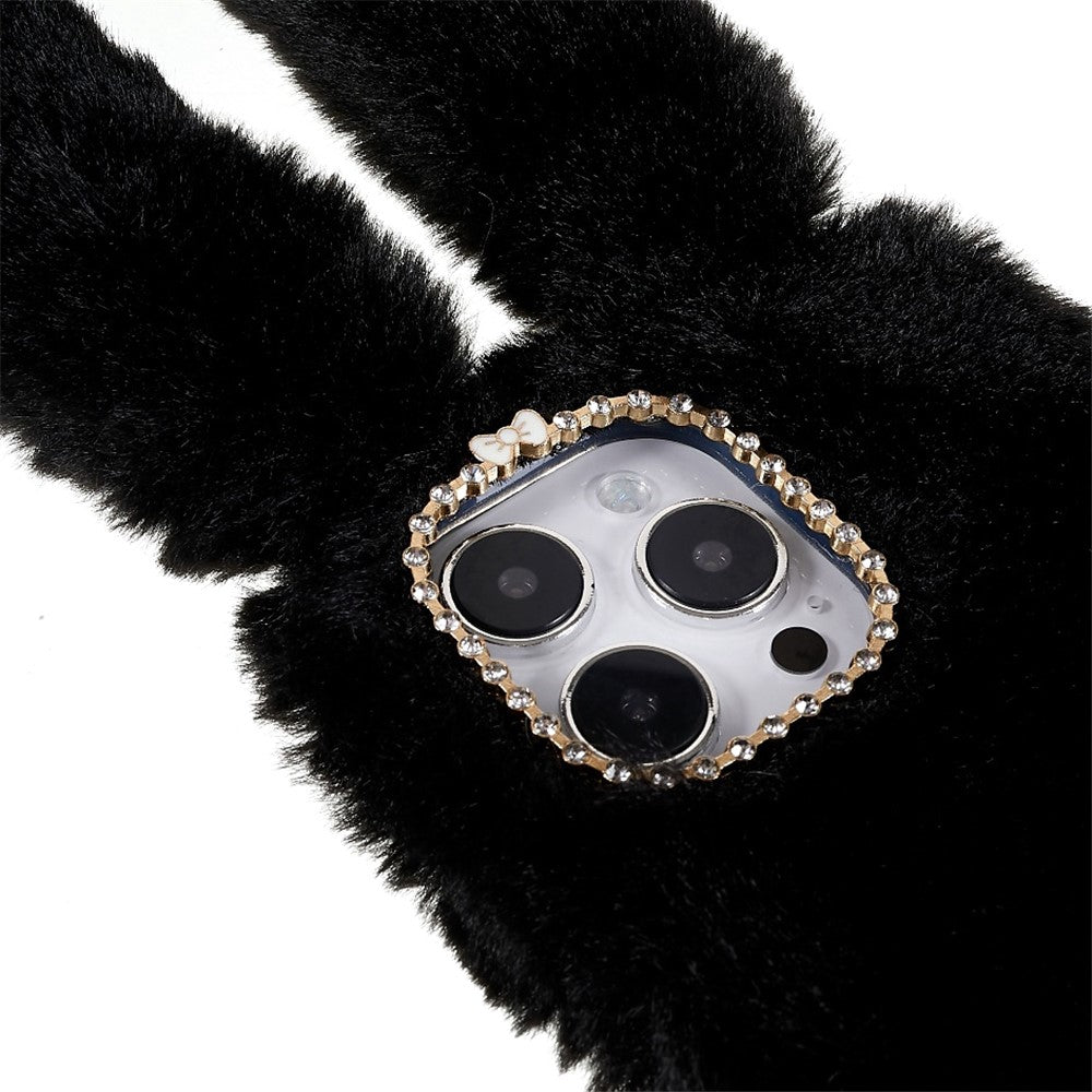 For iPhone 14 Pro Cute 3D Bunny Ears Furry Winter Warm Case Anti-fall TPU Protective Phone Cover with Glitter Rhinestone Bowknot