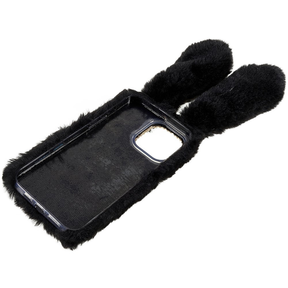 For iPhone 14 Pro Cute 3D Bunny Ears Furry Winter Warm Case Anti-fall TPU Protective Phone Cover with Glitter Rhinestone Bowknot