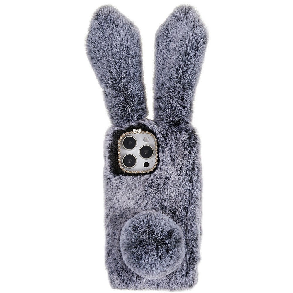 For iPhone 14 Pro Cute 3D Bunny Ears Furry Winter Warm Case Anti-fall TPU Protective Phone Cover with Glitter Rhinestone Bowknot