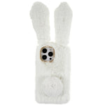 For iPhone 14 Pro Cute 3D Bunny Ears Furry Winter Warm Case Anti-fall TPU Protective Phone Cover with Glitter Rhinestone Bowknot