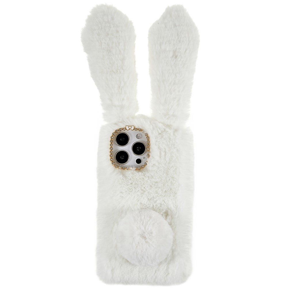 For iPhone 14 Pro Cute 3D Bunny Ears Furry Winter Warm Case Anti-fall TPU Protective Phone Cover with Glitter Rhinestone Bowknot