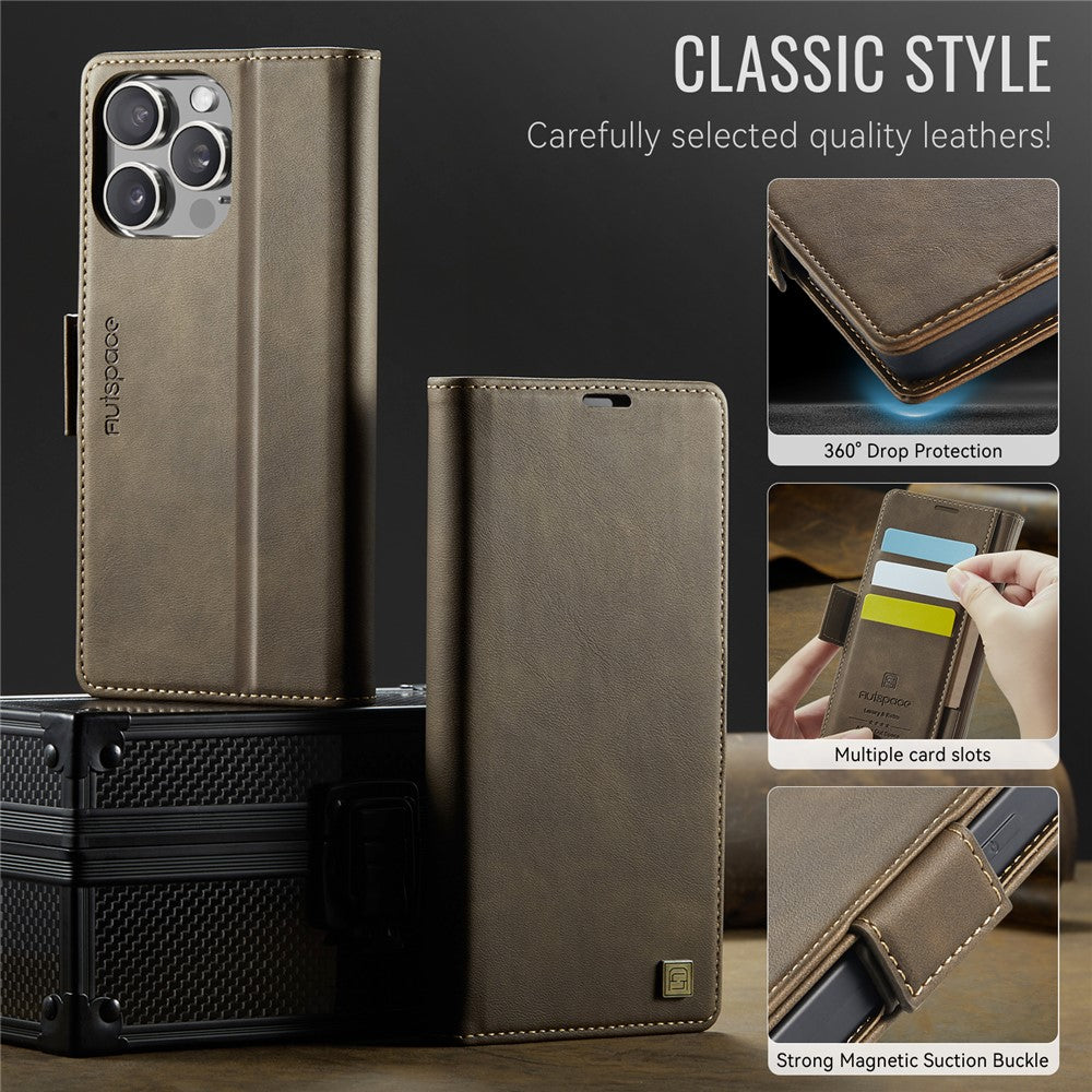 AUTSPACE For iPhone 16 Pro Max Case A11 RFID Blocking Retro Leather Cell Phone Wallet Cover