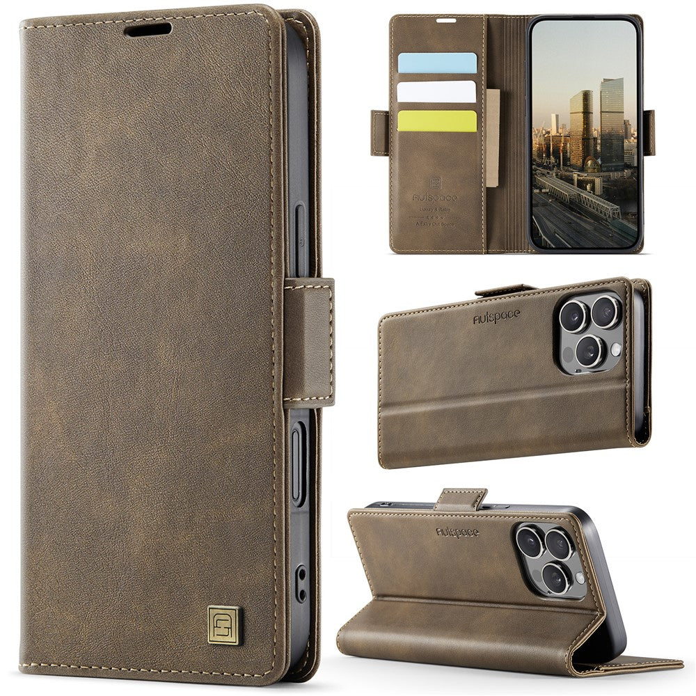 AUTSPACE For iPhone 16 Pro Max Case A11 RFID Blocking Retro Leather Cell Phone Wallet Cover
