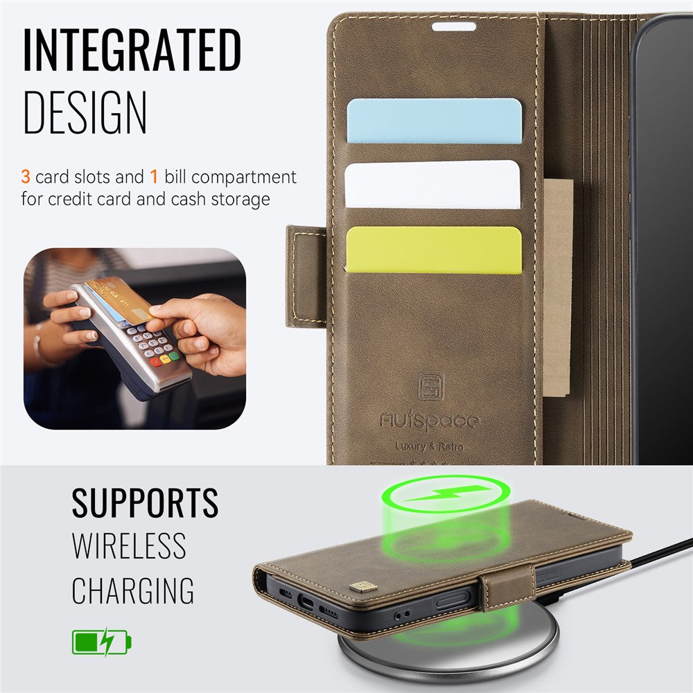 AUTSPACE For iPhone 16 Pro Max Case A11 RFID Blocking Retro Leather Cell Phone Wallet Cover