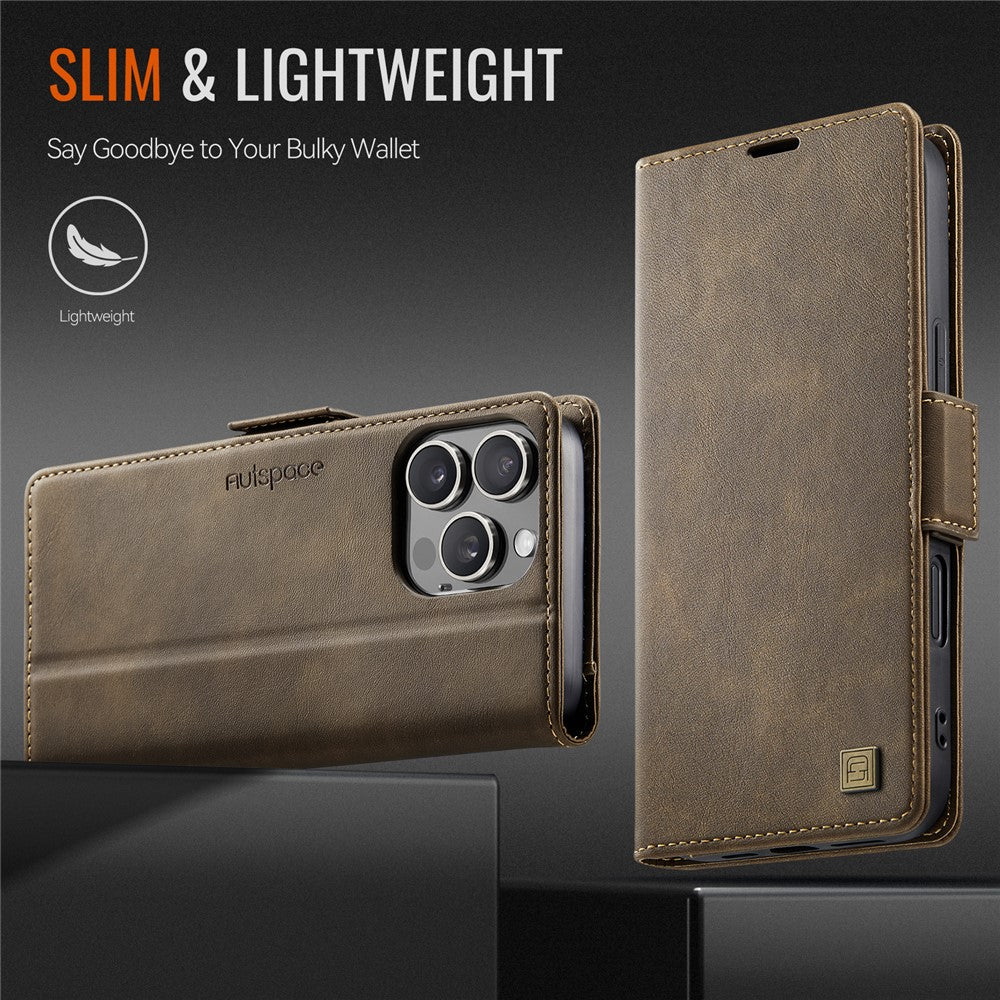 AUTSPACE For iPhone 16 Pro Max Case A11 RFID Blocking Retro Leather Cell Phone Wallet Cover
