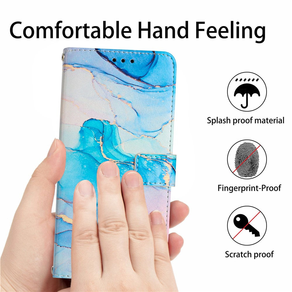 Samsung Galaxy S25 Ultra Stativskal Marmor Mönster PU Läder Plånboksfodral med Handledsrem