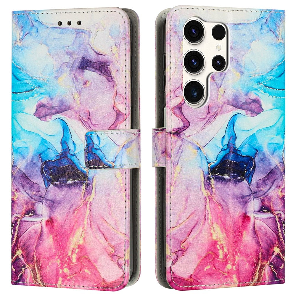 Samsung Galaxy S25 Ultra Stativskal Marmor Mönster PU Läder Plånboksfodral med Handledsrem