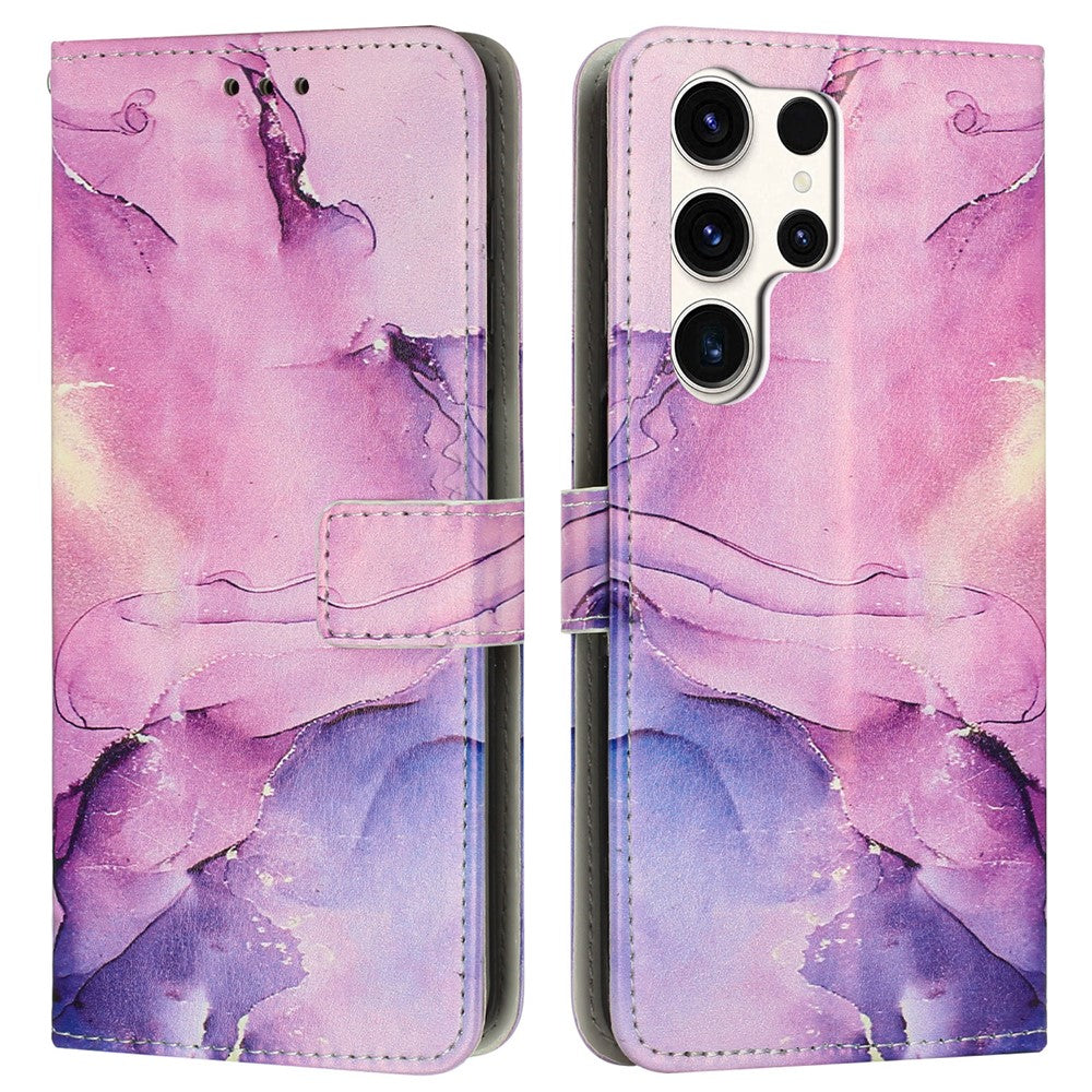 Samsung Galaxy S25 Ultra Stativskal Marmor Mönster PU Läder Plånboksfodral med Handledsrem
