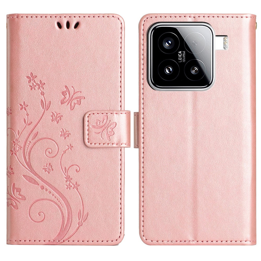 For Xiaomi 15 Leather Wallet Case Butterfly Flower Imprinted Phone Cover with Strap