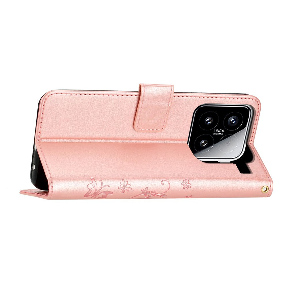 For Xiaomi 15 Leather Wallet Case Butterfly Flower Imprinted Phone Cover with Strap