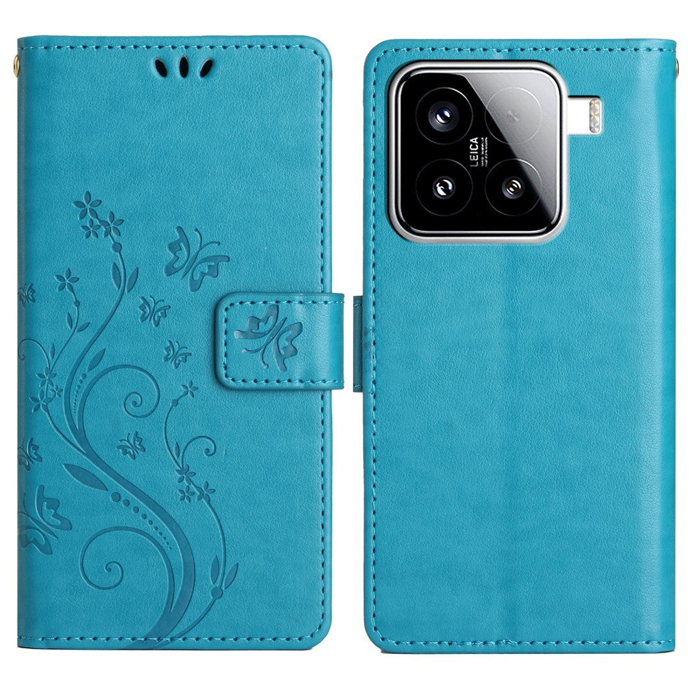 For Xiaomi 15 Leather Wallet Case Butterfly Flower Imprinted Phone Cover with Strap
