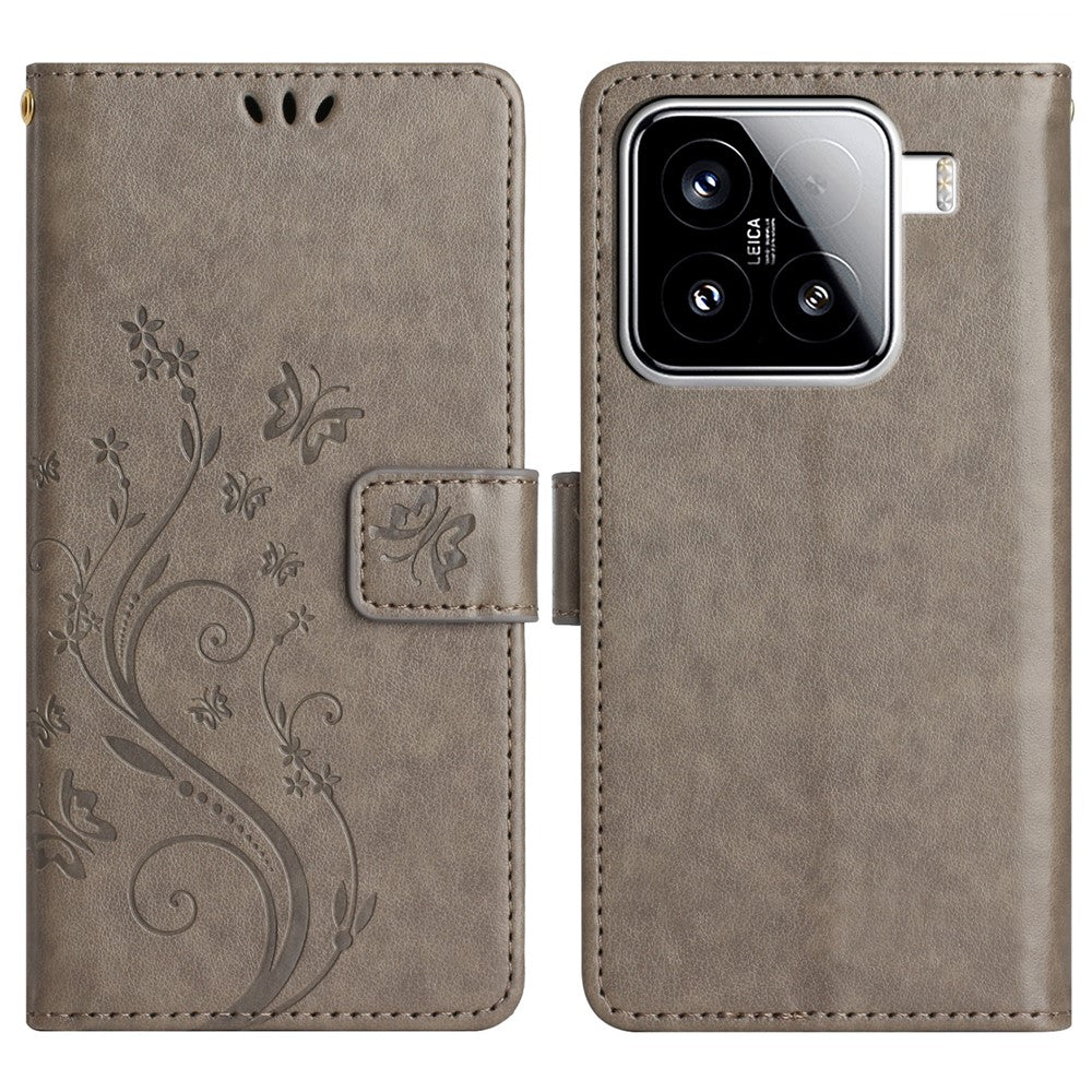 For Xiaomi 15 Leather Wallet Case Butterfly Flower Imprinted Phone Cover with Strap