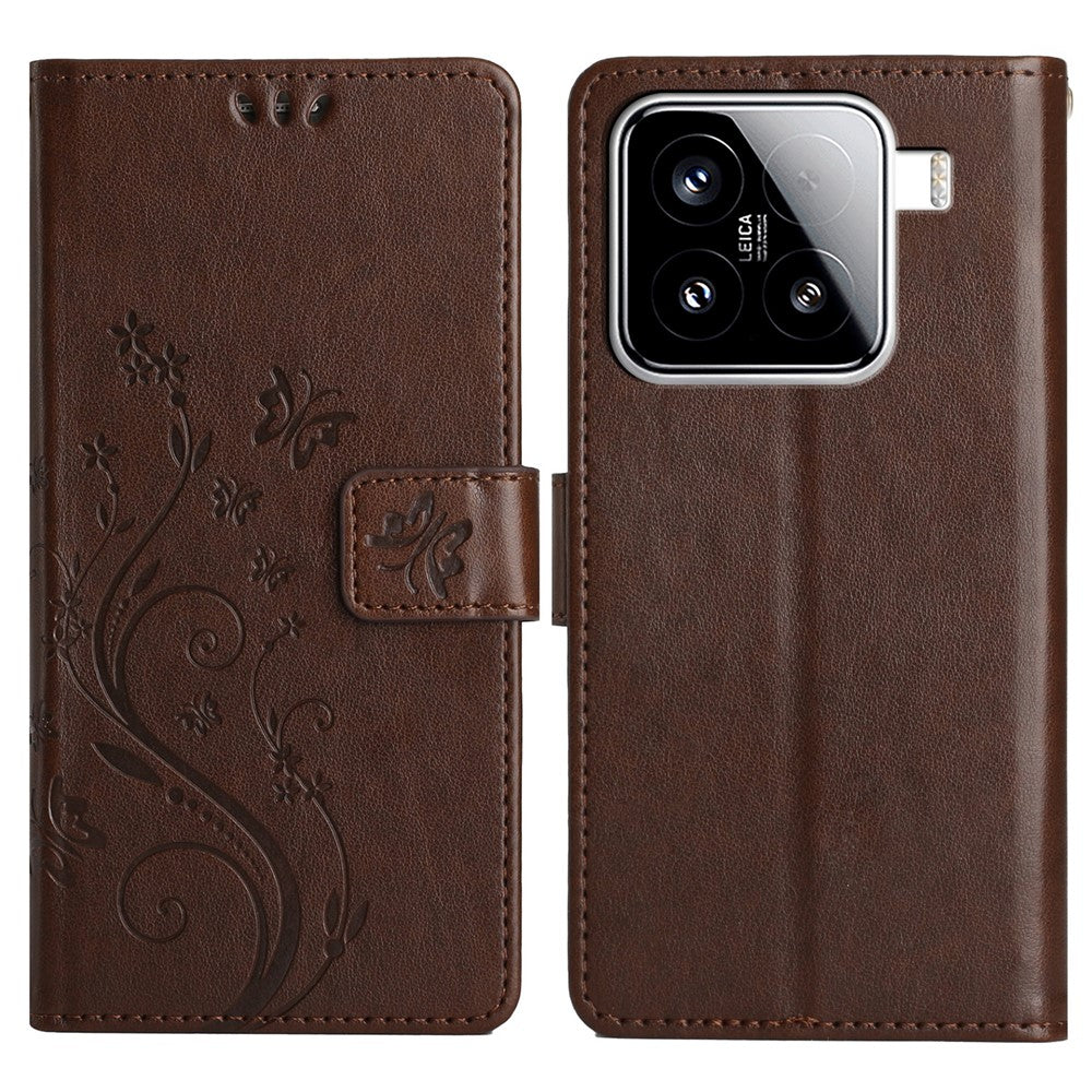 For Xiaomi 15 Leather Wallet Case Butterfly Flower Imprinted Phone Cover with Strap