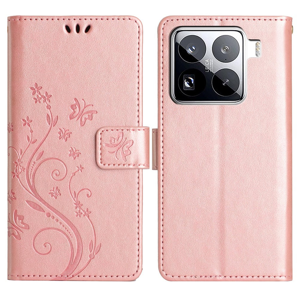 For Xiaomi 15 Pro Leather Wallet Case Butterfly Flower Imprinted Phone Cover with Strap