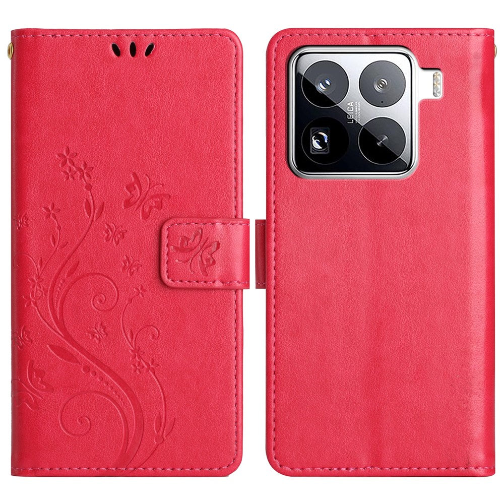 For Xiaomi 15 Pro Leather Wallet Case Butterfly Flower Imprinted Phone Cover with Strap