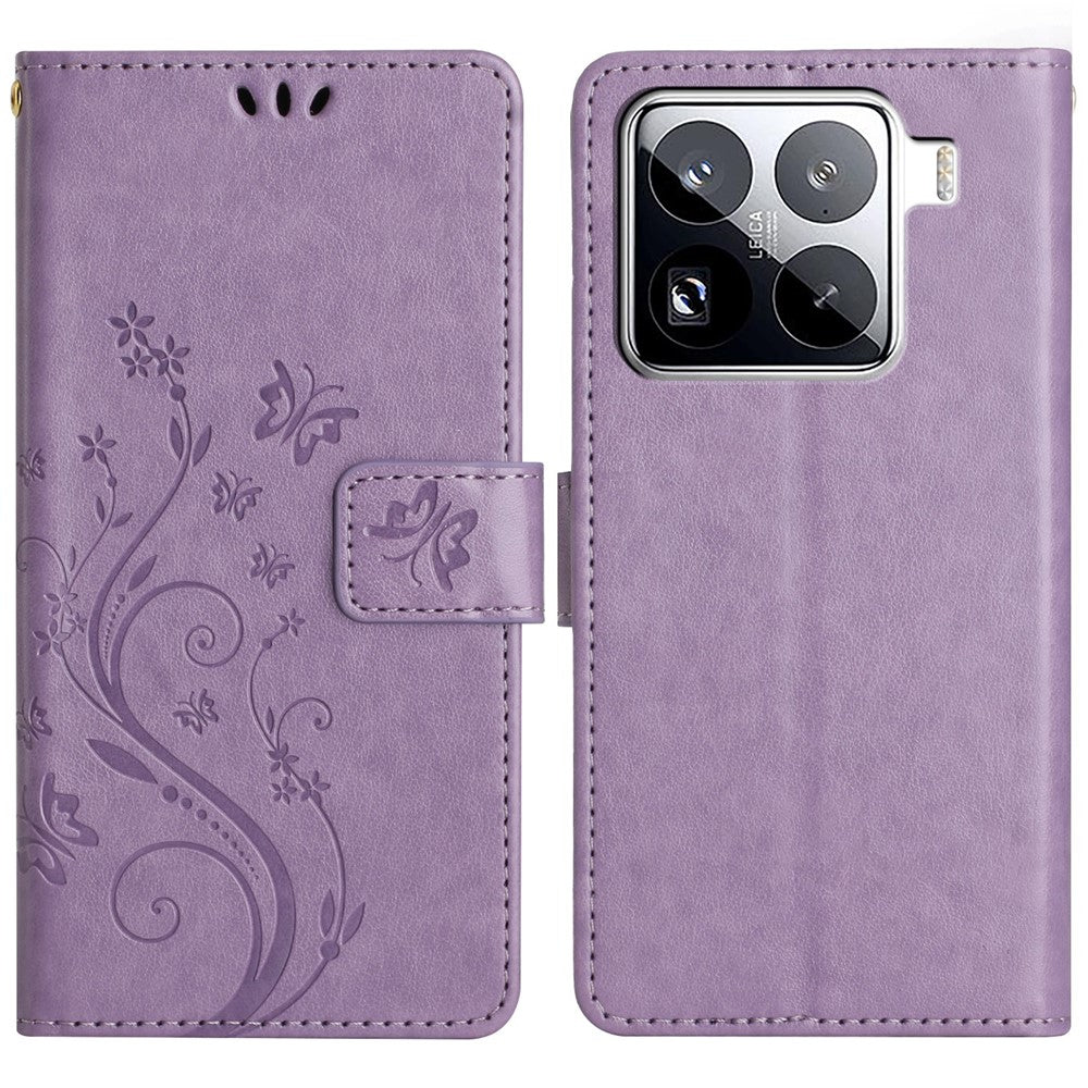 For Xiaomi 15 Pro Leather Wallet Case Butterfly Flower Imprinted Phone Cover with Strap