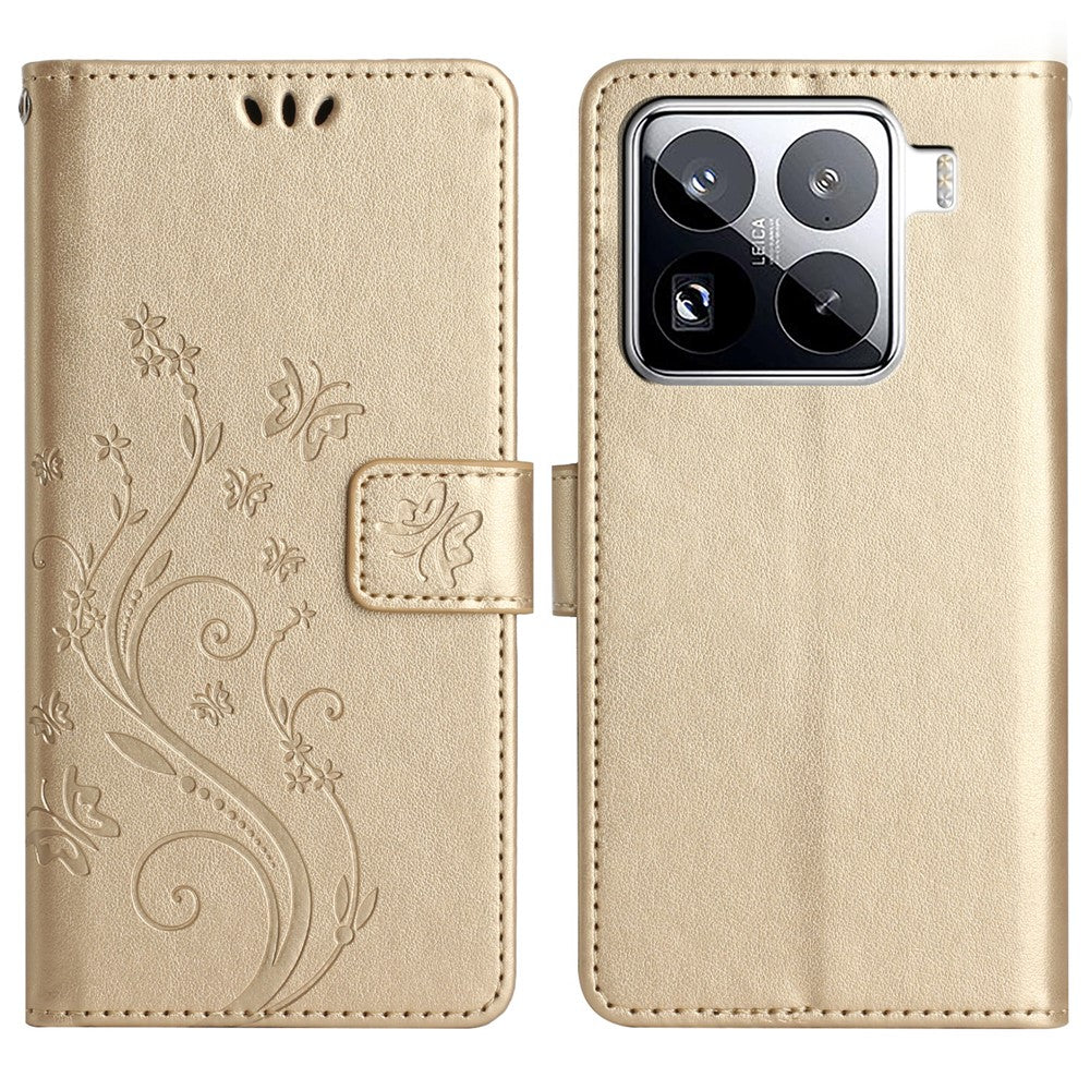 For Xiaomi 15 Pro Leather Wallet Case Butterfly Flower Imprinted Phone Cover with Strap