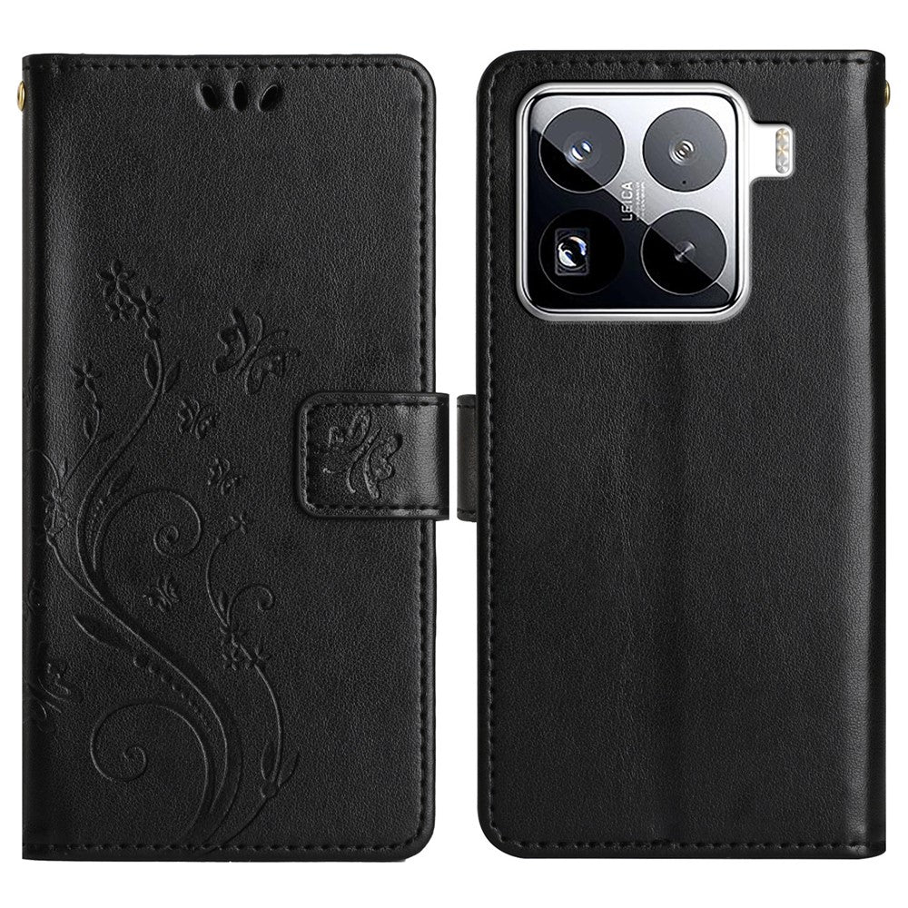For Xiaomi 15 Pro Leather Wallet Case Butterfly Flower Imprinted Phone Cover with Strap