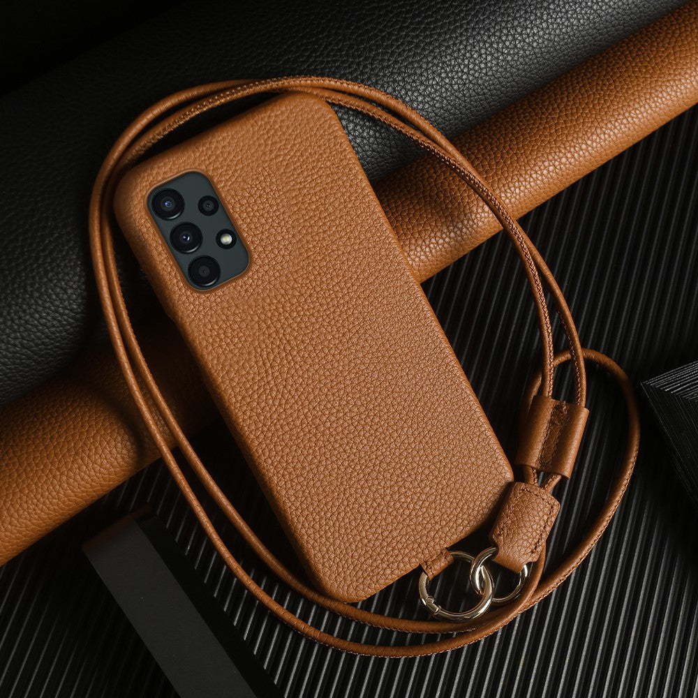Til Samsung Galaxy A13 4G cover med lanyard ægte koskind PC telefon bagcover