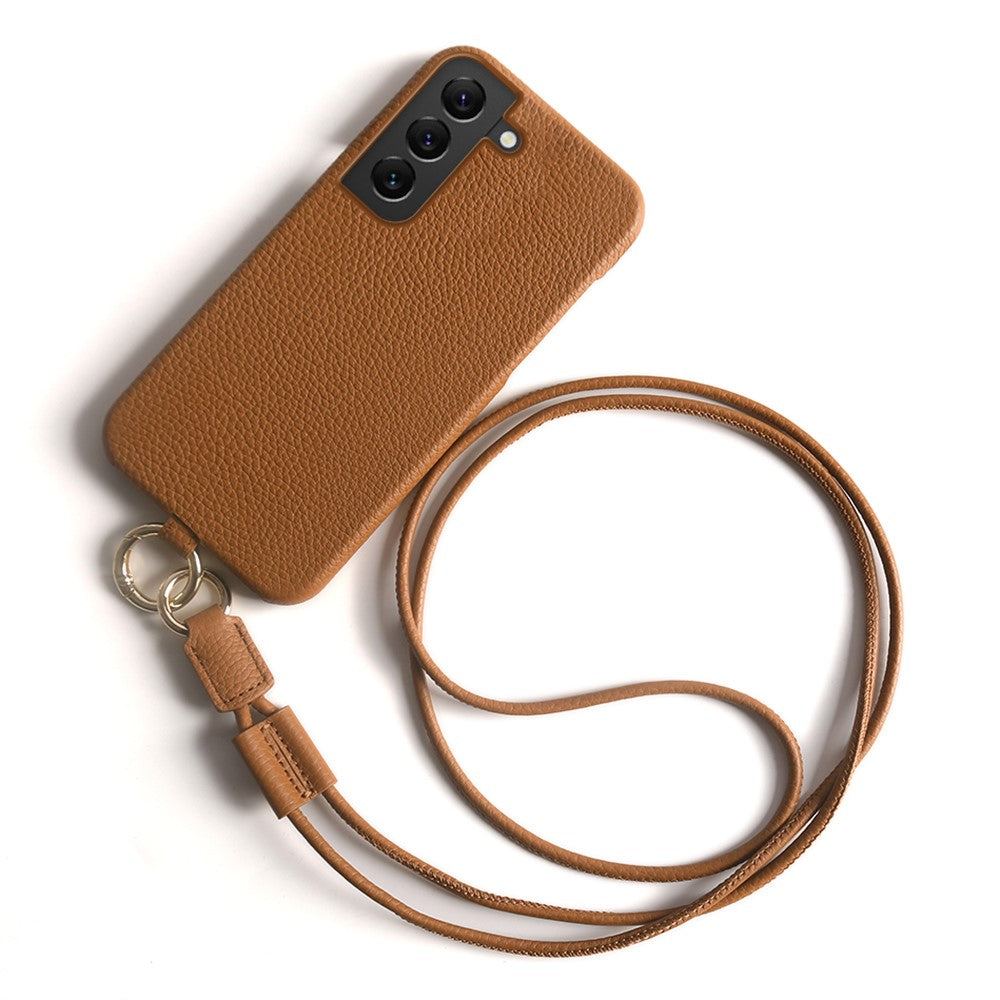 For Samsung Galaxy S22 5G Case with Lanyard Genuine Cow Leather PC Phone Back Cover
