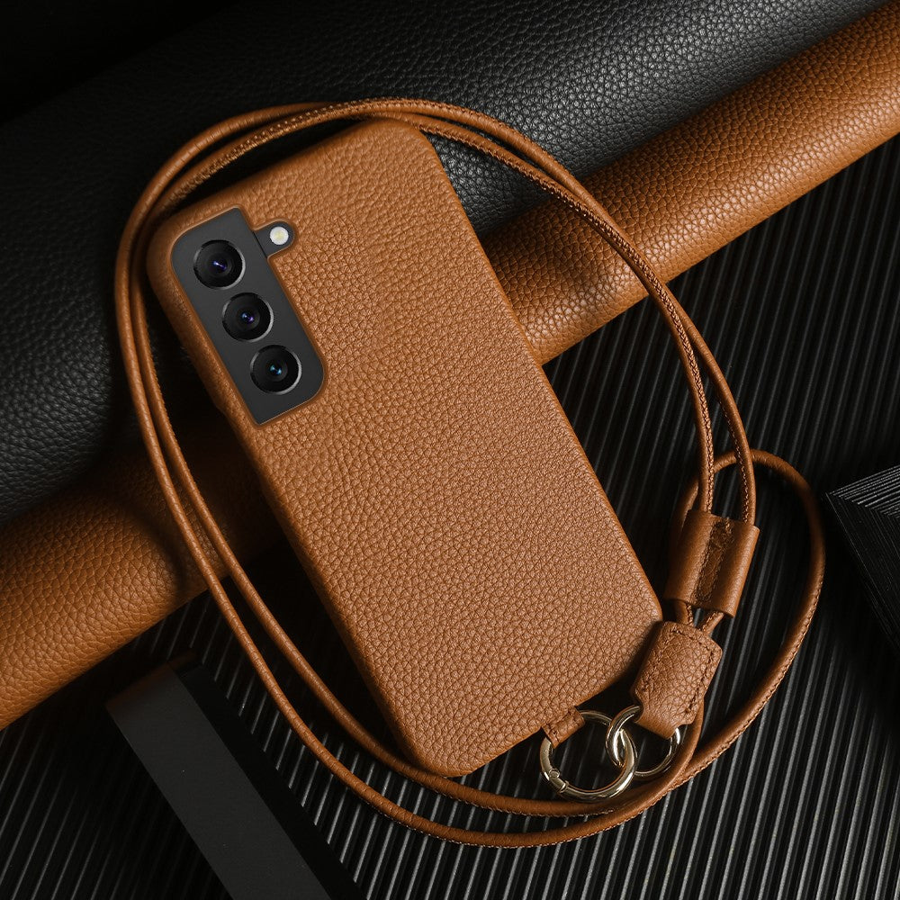 Til Samsung Galaxy S22 5G Cover med Lanyard Ægte Koskind PC-telefonbagcover