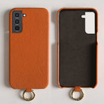 For Samsung Galaxy S21 4G / 5G Case with Lanyard Genuine Cow Leather PC Phone Back Cover