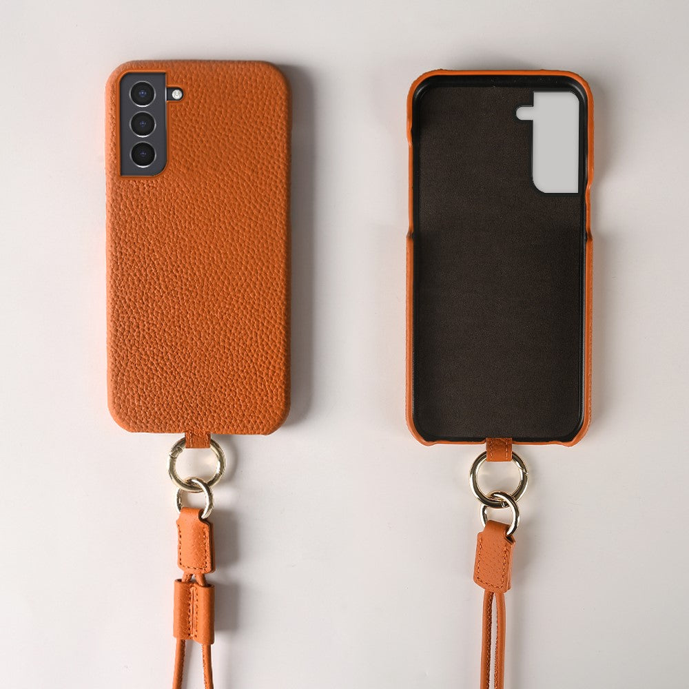 For Samsung Galaxy S21 4G / 5G Case with Lanyard Genuine Cow Leather PC Phone Back Cover