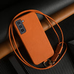 For Samsung Galaxy S21 4G / 5G Case with Lanyard Genuine Cow Leather PC Phone Back Cover
