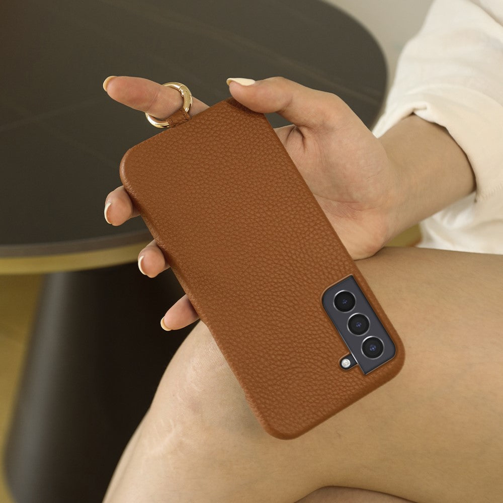 For Samsung Galaxy S21 4G / 5G Case with Lanyard Genuine Cow Leather PC Phone Back Cover