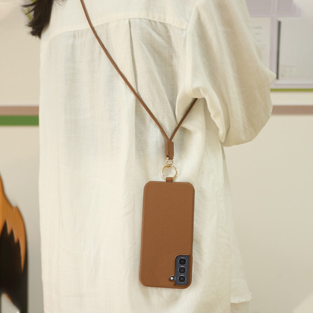 For Samsung Galaxy S21 4G / 5G Case with Lanyard Genuine Cow Leather PC Phone Back Cover