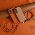 For Samsung Galaxy S21 4G / 5G Case with Lanyard Genuine Cow Leather PC Phone Back Cover